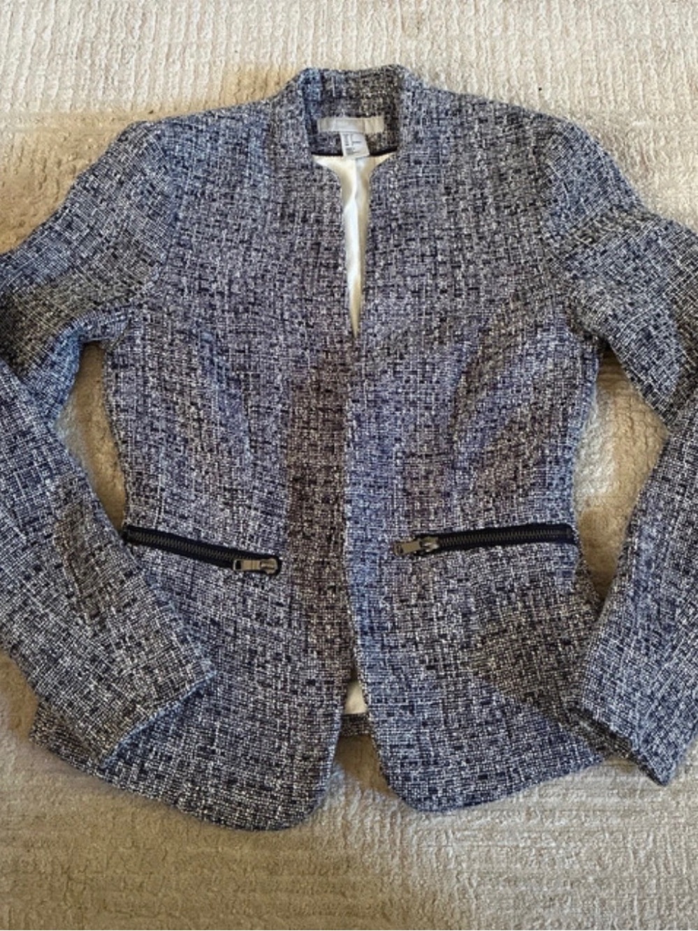 H&M Navy-Gray Tweed Collarless Zip-Pocket Blazer
